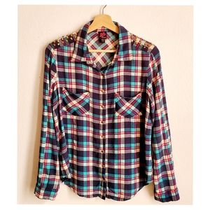 bebe 2B Studded Plaid Shirt Sz M Blue Pink